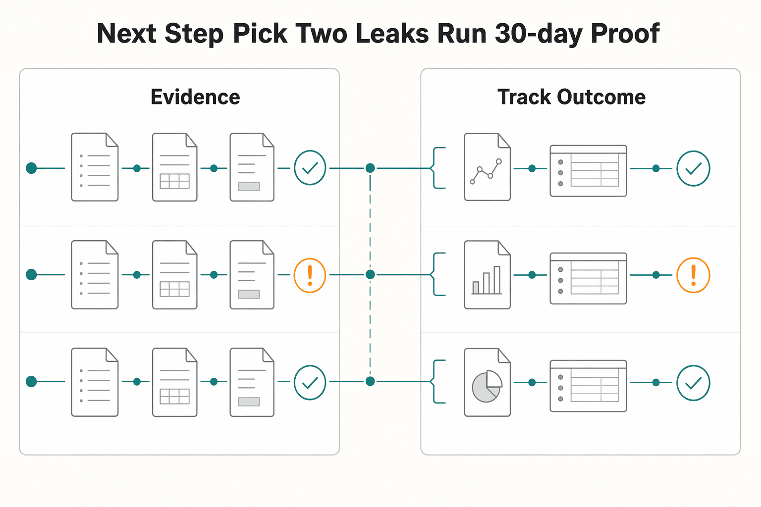 Diagram showing The next step is to pick two leaks and run a 30-day proof for 7 Revenue Leak Points in Subscription Platforms You Can Verify in 30 Days.