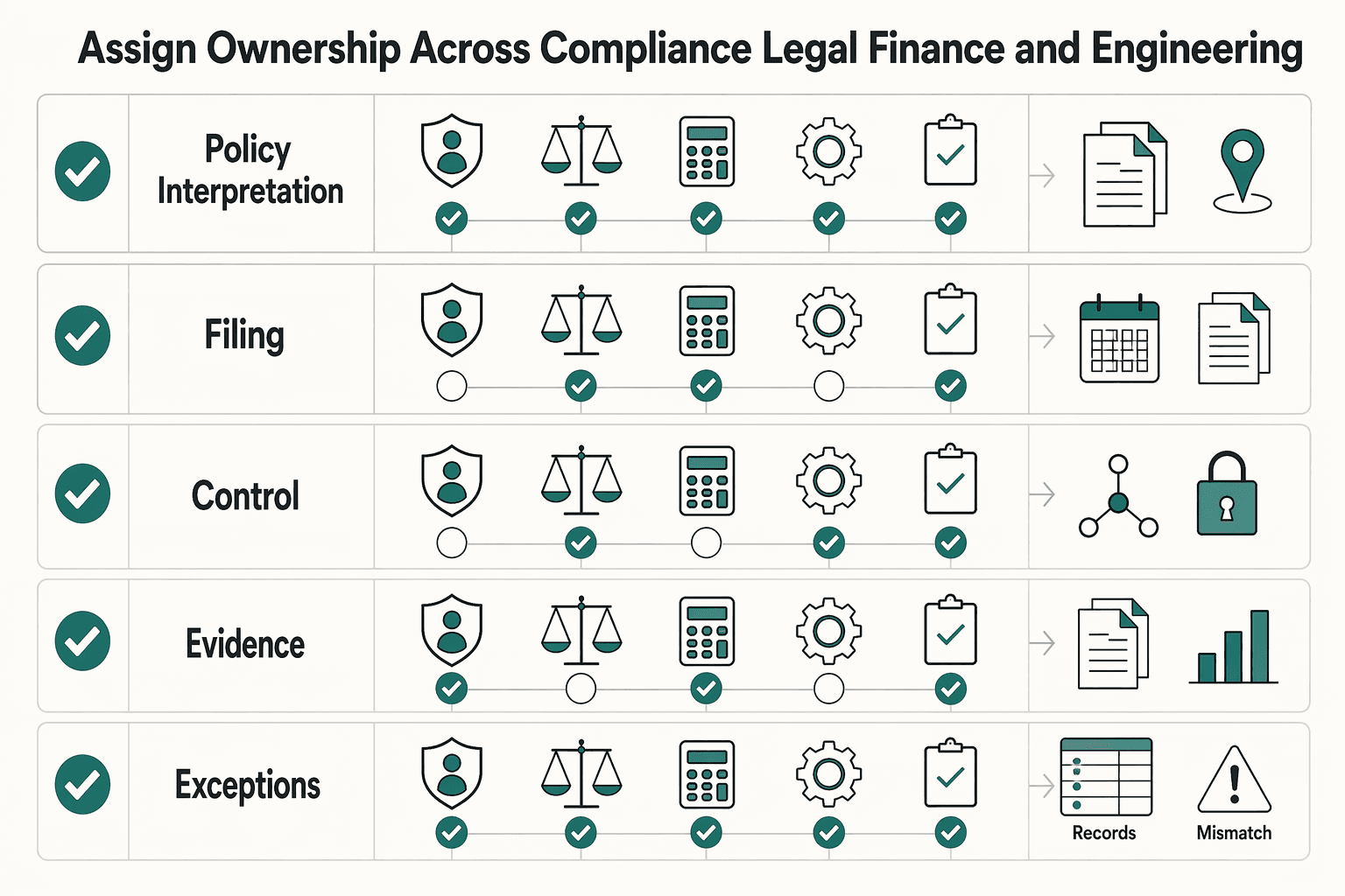 Diagram showing Assign ownership across compliance, legal, finance, and engineering for Making Tax Digital for Income Tax and UK Platform Operators: Confirmed Rules and Open S....