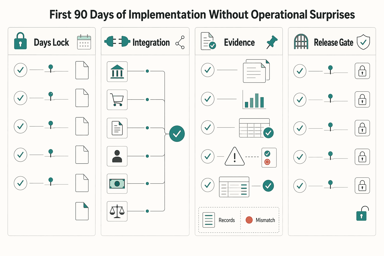 Diagram showing First 90 Days of Implementation Without Operational Surprises for What Is Source-to-Pay? How Platforms Can Automate the Full Procurement Lifecycle.