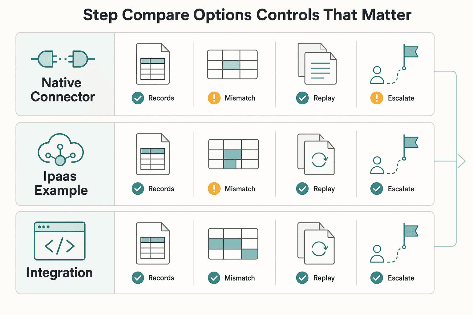 Diagram showing Step 1 Compare options on the controls that matter for Integrate Your Payout Platform with NetSuite for Cleaner Journal Syncs.
