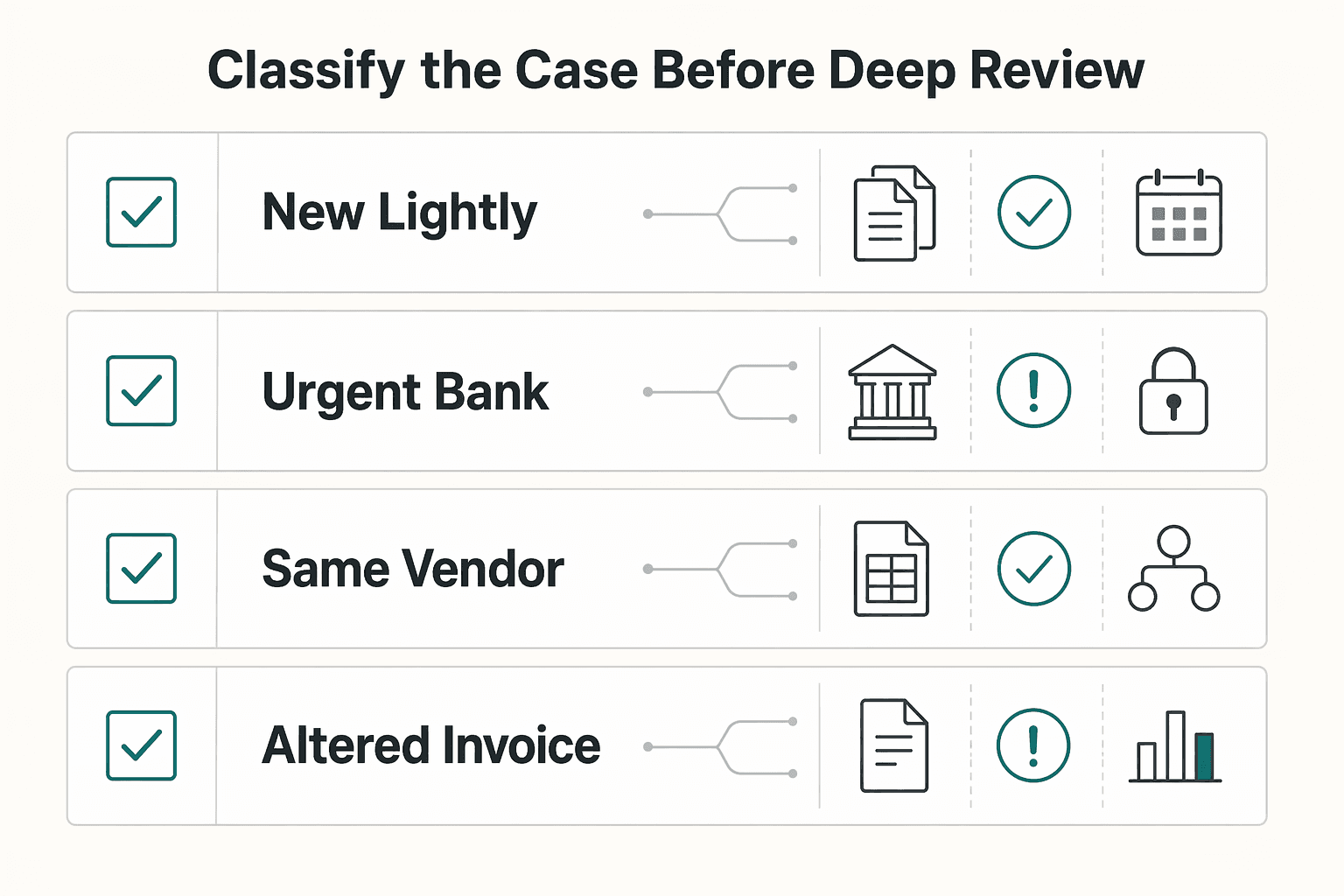Diagram showing Classify the case before deep review for Vendor Fraud Red Flags for Duplicate and Ghost Vendor Billing Schemes.