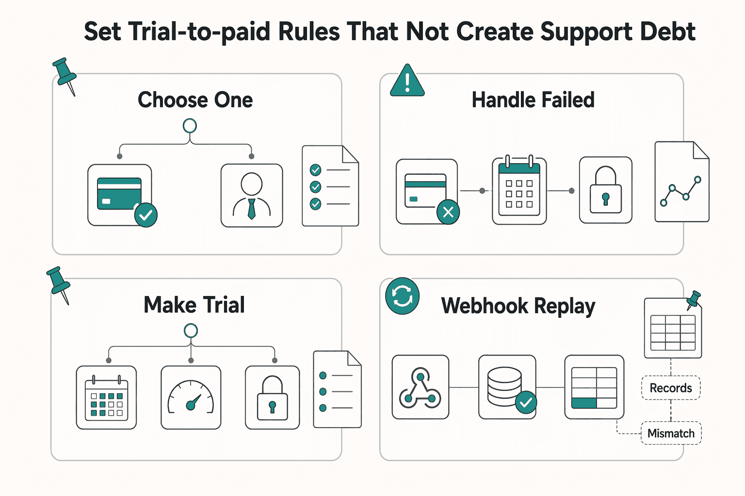 Diagram showing Set trial-to-paid rules that do not create support debt for Subscription Billing for SaaS Teams Handling Trials and Plan Changes.