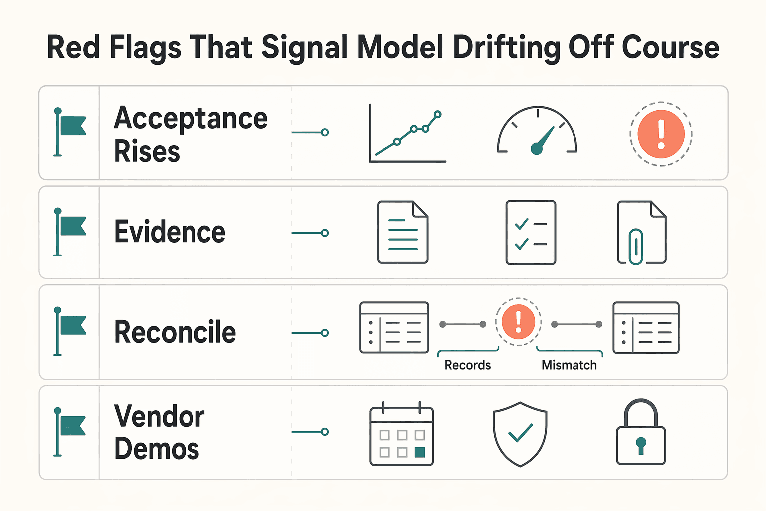 Diagram showing Red flags that signal your model is drifting off course for Choosing Dynamic Discounting for Contractor Early Payment on Platforms.