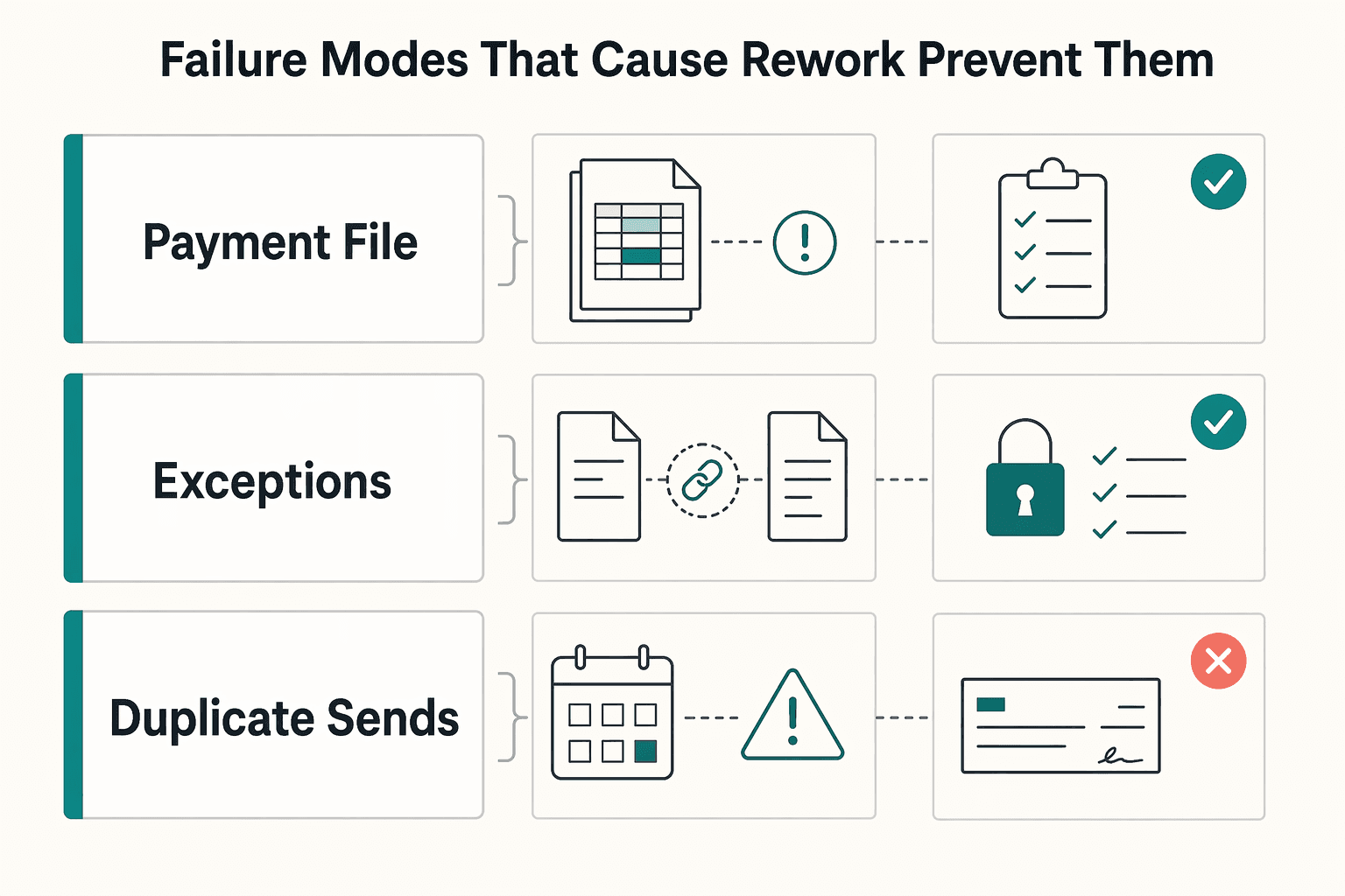 Diagram showing Failure modes that cause rework and how to prevent them for What Is an e-Payable? How Virtual Cards and Digital Payments Replace Paper Checks in B2B.