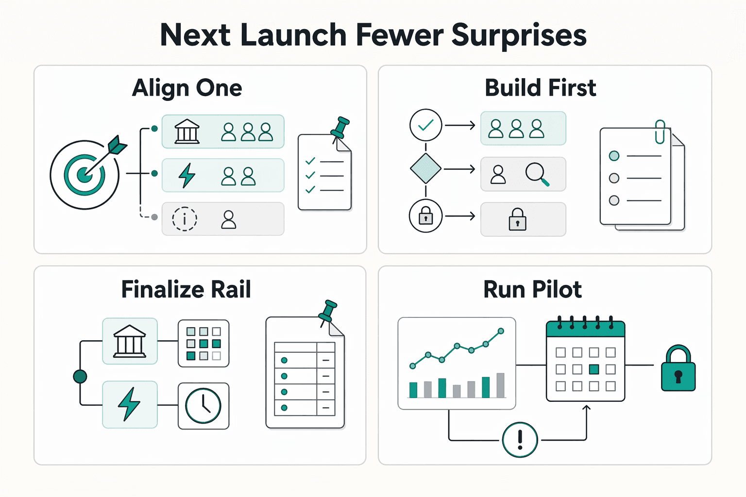 Diagram showing What to do next to launch with fewer surprises for Automating Insurance Claim Payments for Scalable Policyholder Disbursements.