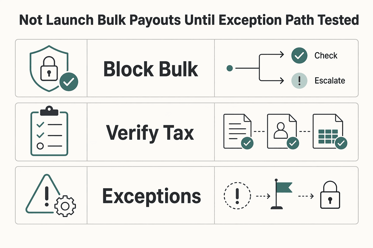 Diagram showing Do not launch bulk payouts until the exception path is tested for ABA Routing Numbers for U.S. Platform Payout Operations.