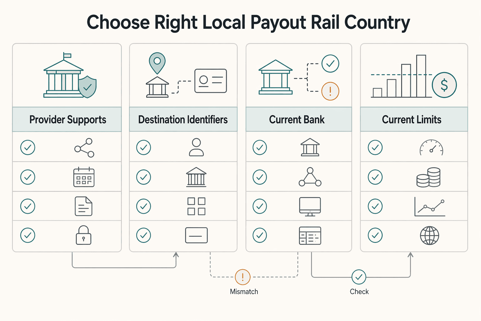 Diagram showing How to choose the right local payout rail by country for Choosing Local Bank Transfer Networks by Country for Platform Payouts.