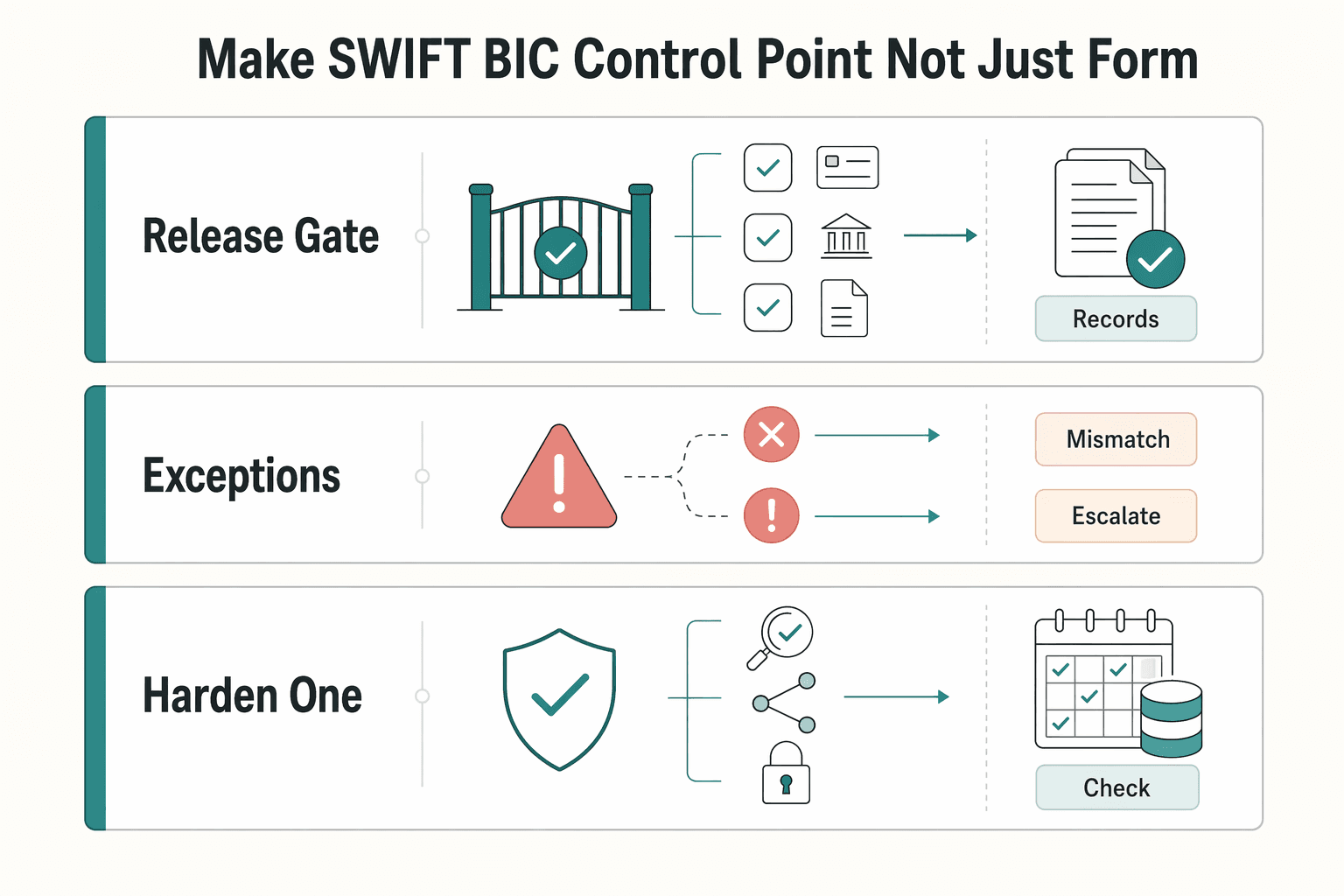 Diagram showing Make SWIFT BIC a control point not just a form field for What Is a SWIFT Code? How Platforms Use BIC Codes to Route International Payouts.