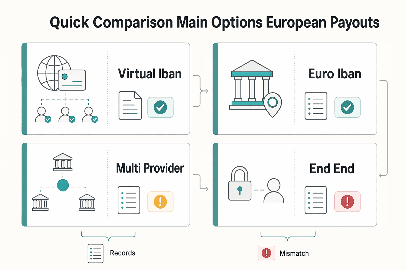Diagram showing Quick comparison of your main options for European payouts for What Is an IBAN Number? How Platforms Use IBANs to Send Error-Free European Payouts.