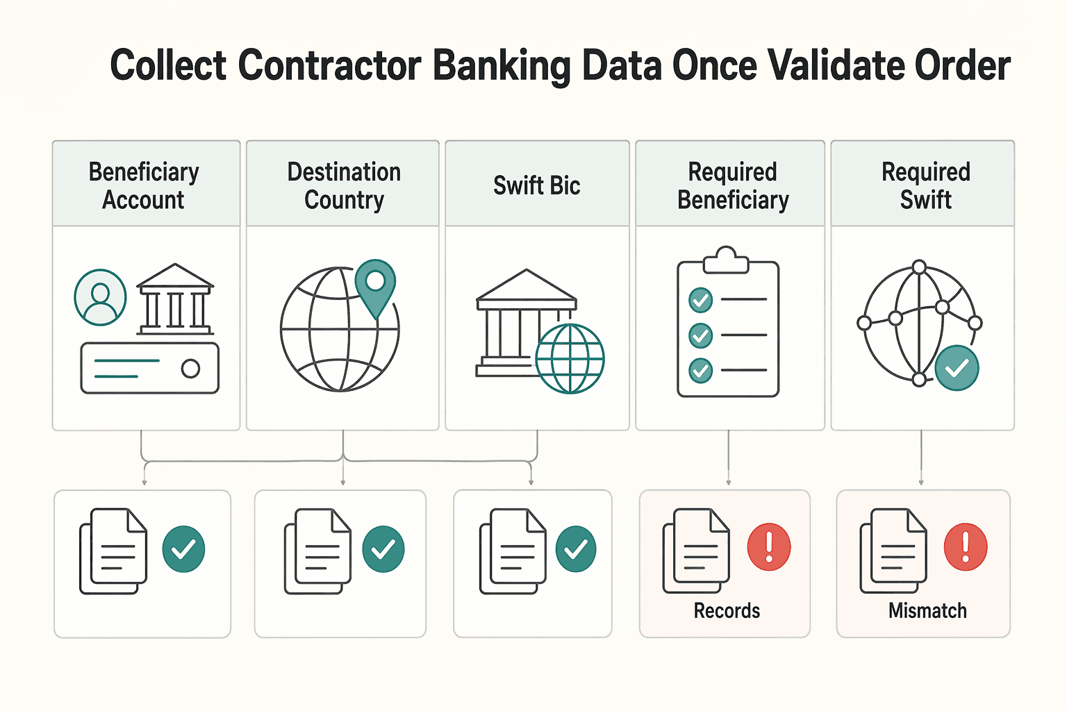 Diagram showing Collect contractor banking data once and validate it in order for IBAN vs SWIFT for International Contractor Payouts on Platforms.