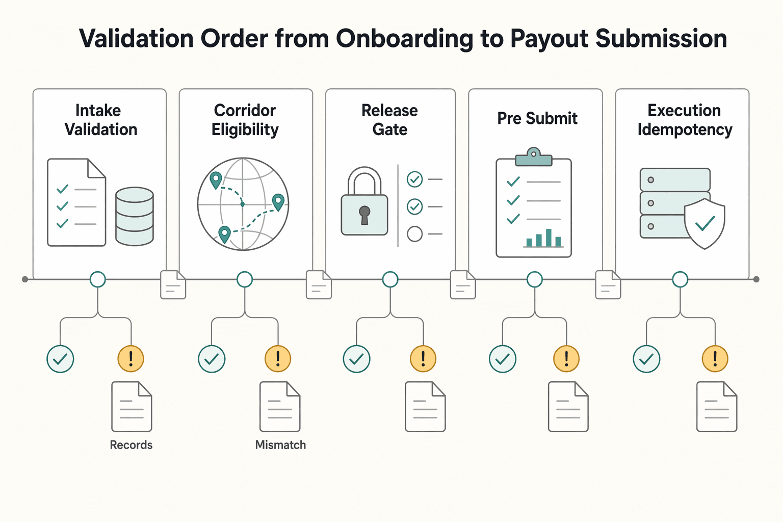 Diagram showing Validation order from onboarding to payout submission for Bank Code vs. Routing Number vs. Sort Code: A Global Platform Payout Reference Guide.