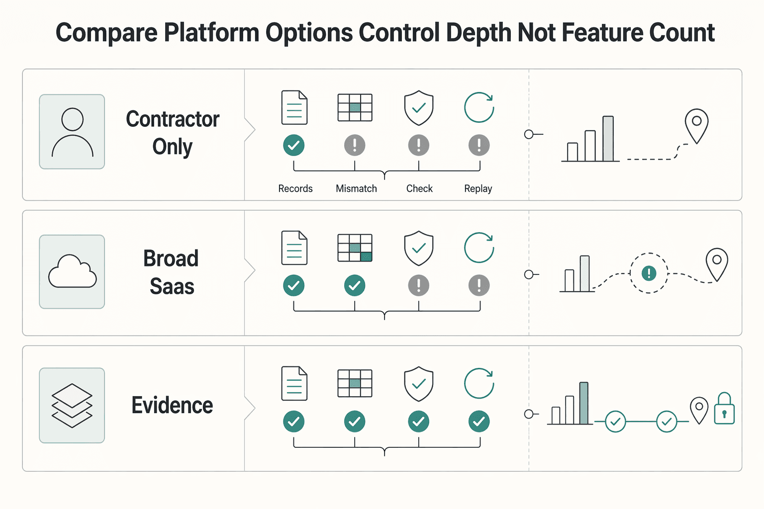 Diagram showing Compare platform options by control depth not by feature count for Contractor Spend Management: Total Cost and Payout Controls.