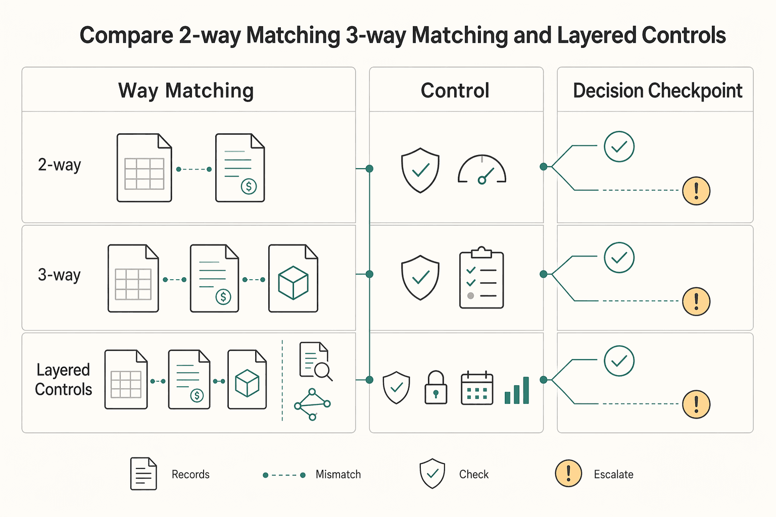 Diagram showing Compare 2-way matching 3-way matching and layered controls for How Platform Teams Use 2-Way and 3-Way Invoice Matching to Stop Overpayment.
