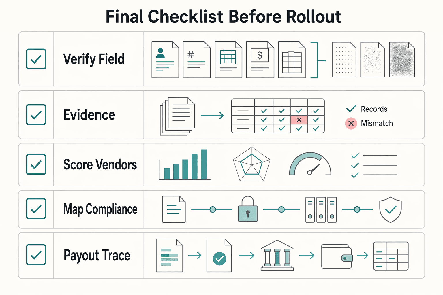 Diagram showing Final checklist before rollout for Invoice Scanning OCR for Platforms to Digitize Paper Invoices at Scale.