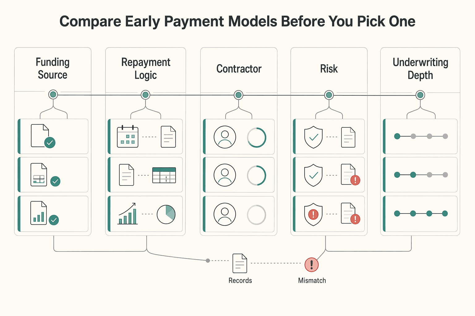 Diagram showing Compare early payment models before you pick one for Invoice Factoring for Contractors: How Platforms Offer Early Payment and Manage Risk.