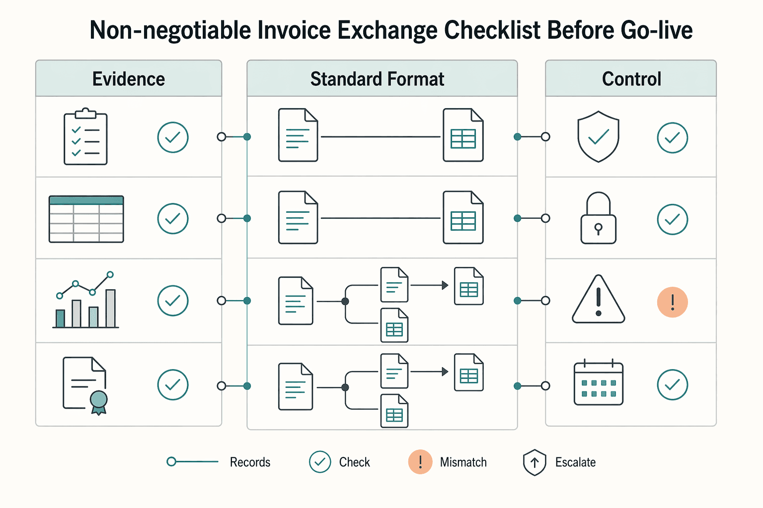 Diagram showing Non-negotiable invoice exchange checklist before go-live for EDI for Platforms Automating Invoice Exchange With Large Buyers.