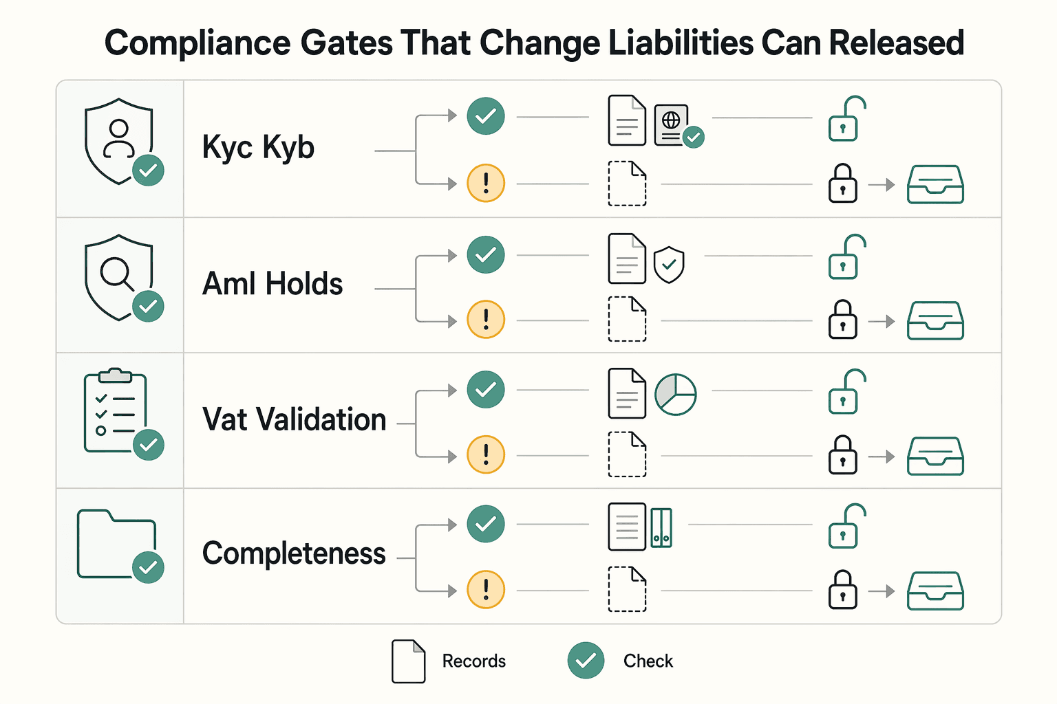 Diagram showing Compliance gates that change when liabilities can be released for What Is a Balance Sheet? How Payment Platforms Account for Held Funds Reserves and Liabilities.