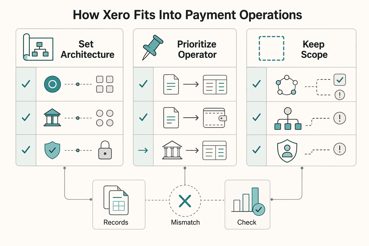 Diagram showing How Xero Fits Into Payment Operations for How to Maximize Your Xero Investment as a Payment Platform: Integrations and Automation Tips.