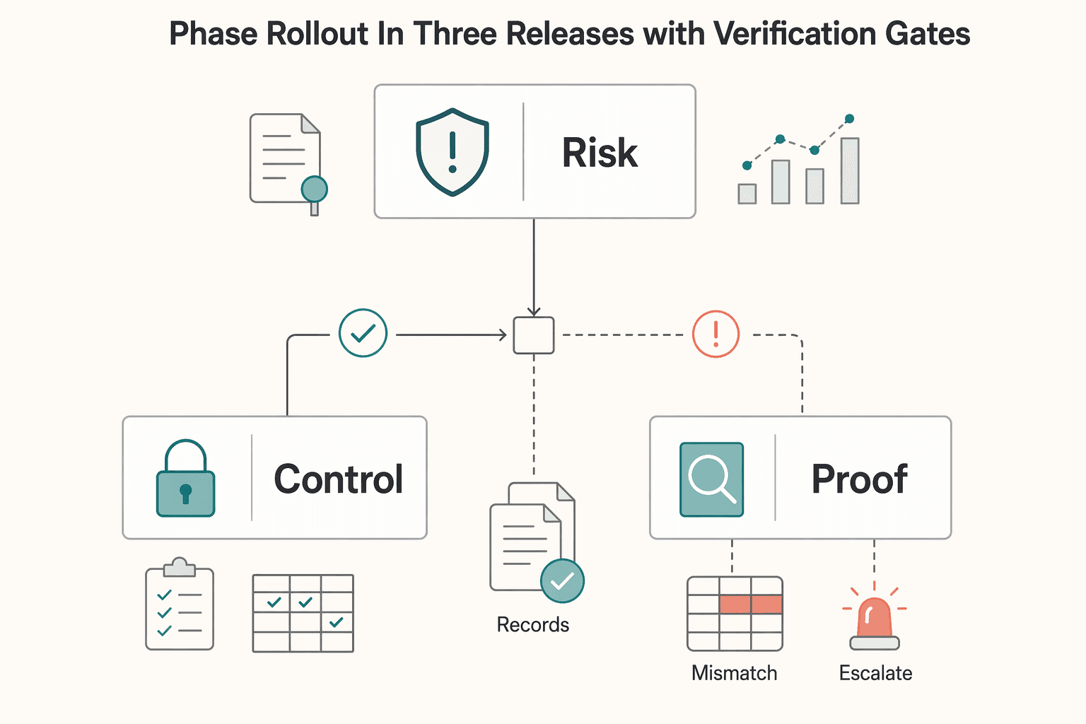 Diagram showing Phase rollout in three releases with verification gates for Building Compliant Grant Disbursement Operations for Nonprofits.