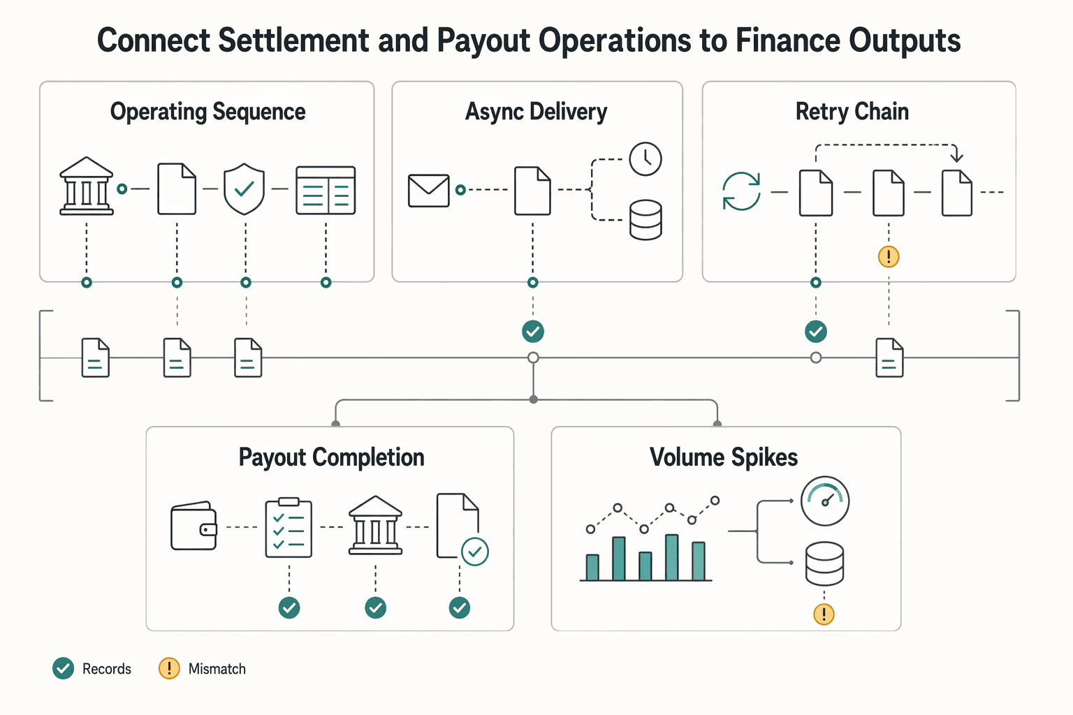 Diagram showing Connect settlement and payout operations to finance outputs for What Is Multi-Entity Accounting? How Platforms with Multiple Legal Entities Consolidate Financials.
