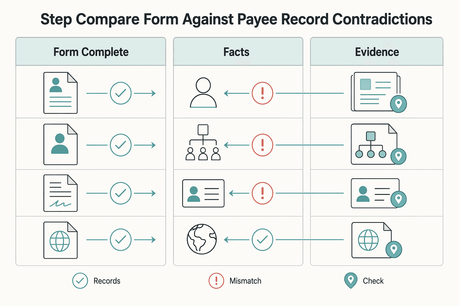 Diagram showing Step 2 Compare the form against the payee record for contradictions for W-8BEN Controls for Platform Payouts to Foreign Contractors.