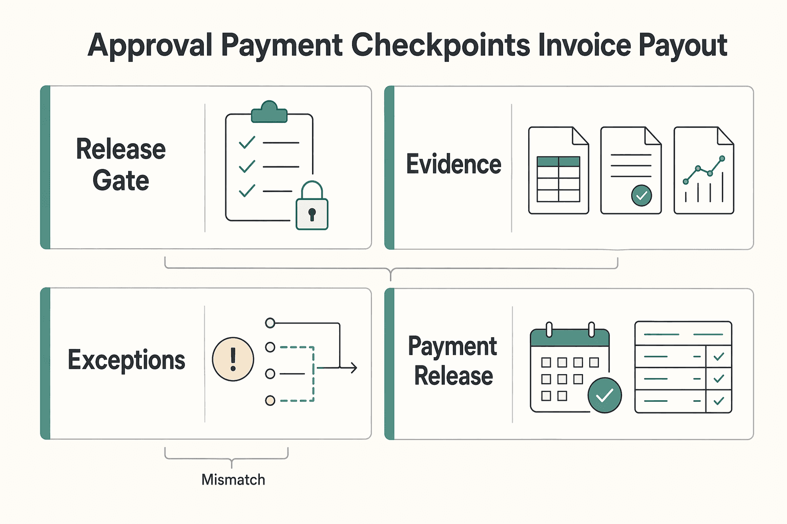 Diagram showing Approval and payment checkpoints from PO to invoice to payout for What Is a PO Number? How Platforms Assign and Track Purchase Order Numbers Across Contr....