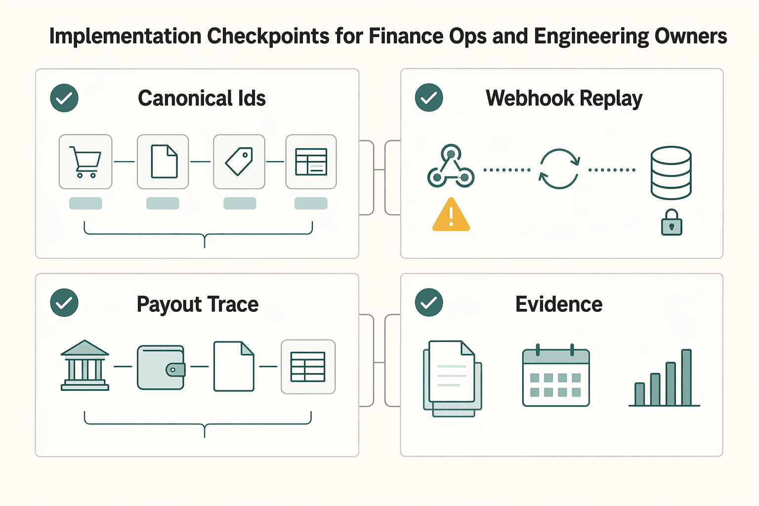 Diagram showing Implementation checkpoints for finance ops and engineering owners for What Is a PO Flip? How Platforms Auto-Convert Purchase Orders Into Invoices.