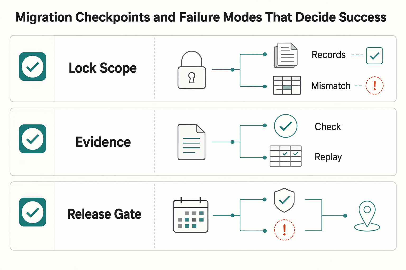 Diagram showing Migration checkpoints and failure modes that decide success for Have You Outgrown Your Current AP Software? 7 Signs Your Platform Needs to Upgrade.