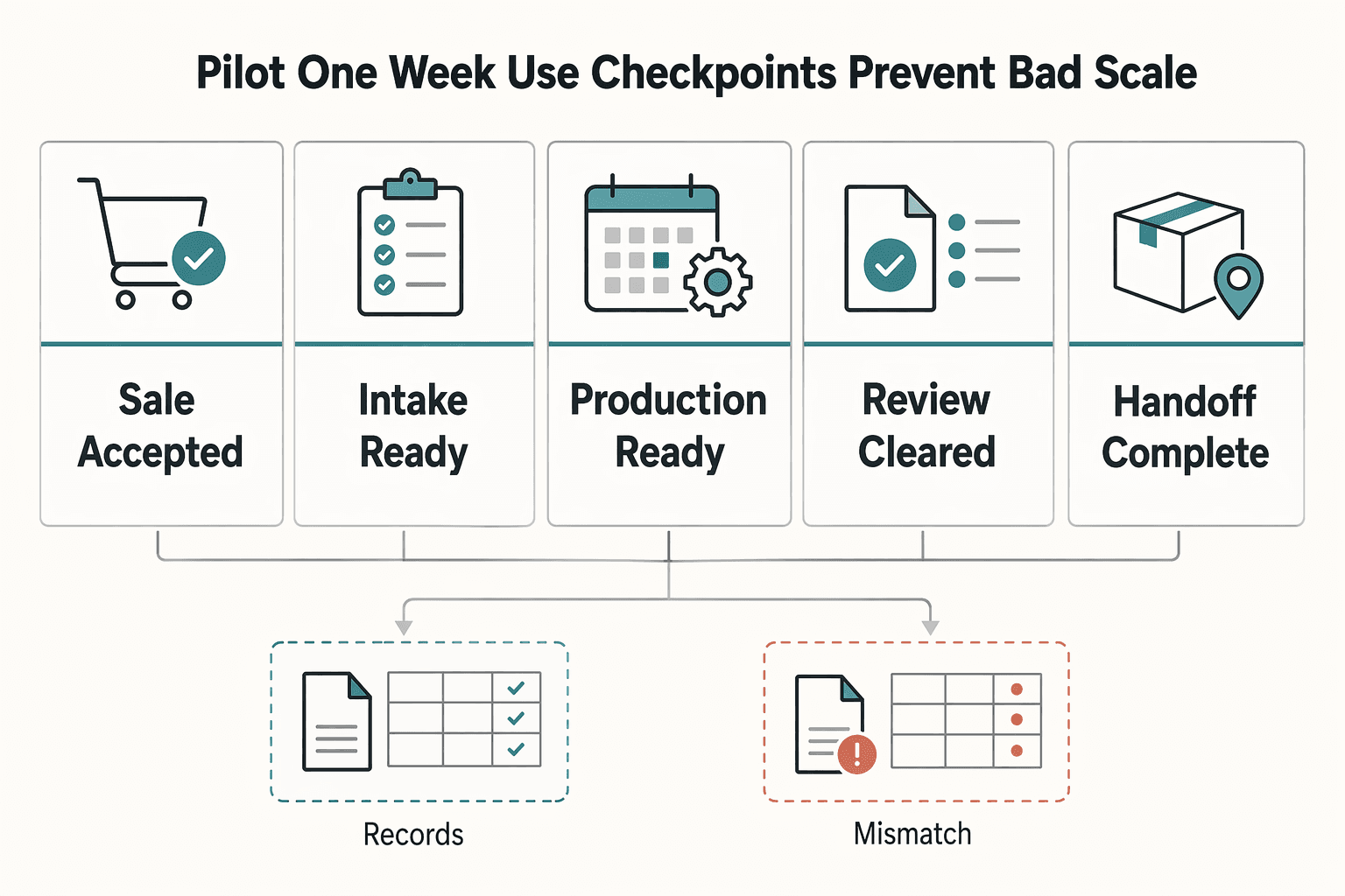 Diagram showing Pilot in One Week and Use Checkpoints to Prevent Bad Scale for How to Create a Productized Service for Your Freelance Business.