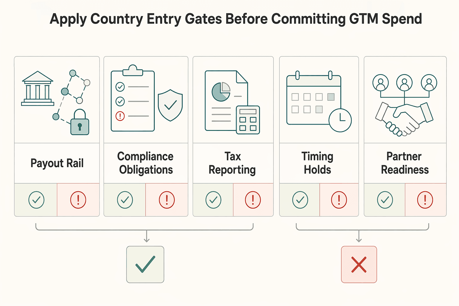 Diagram showing Apply country entry gates before committing GTM spend for How DSPs, SSPs, and Ad Networks Pay Publishers in a Cookieless Market.