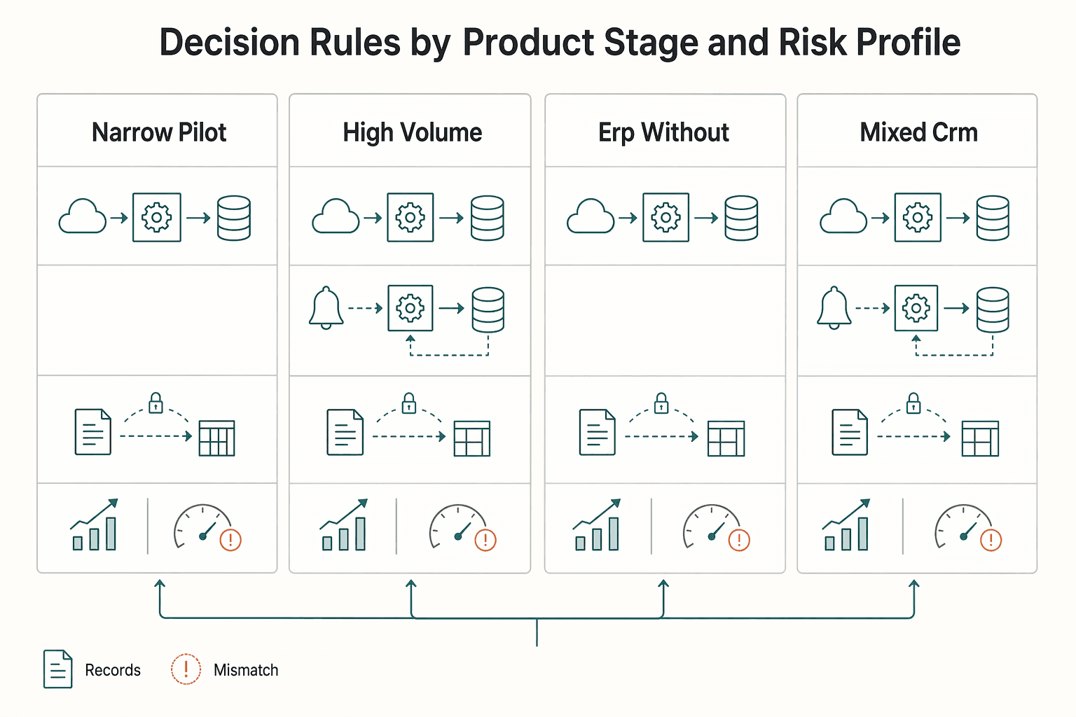 Diagram showing Decision rules by product stage and risk profile for Choosing ERP Sync Patterns for Payment Platforms.