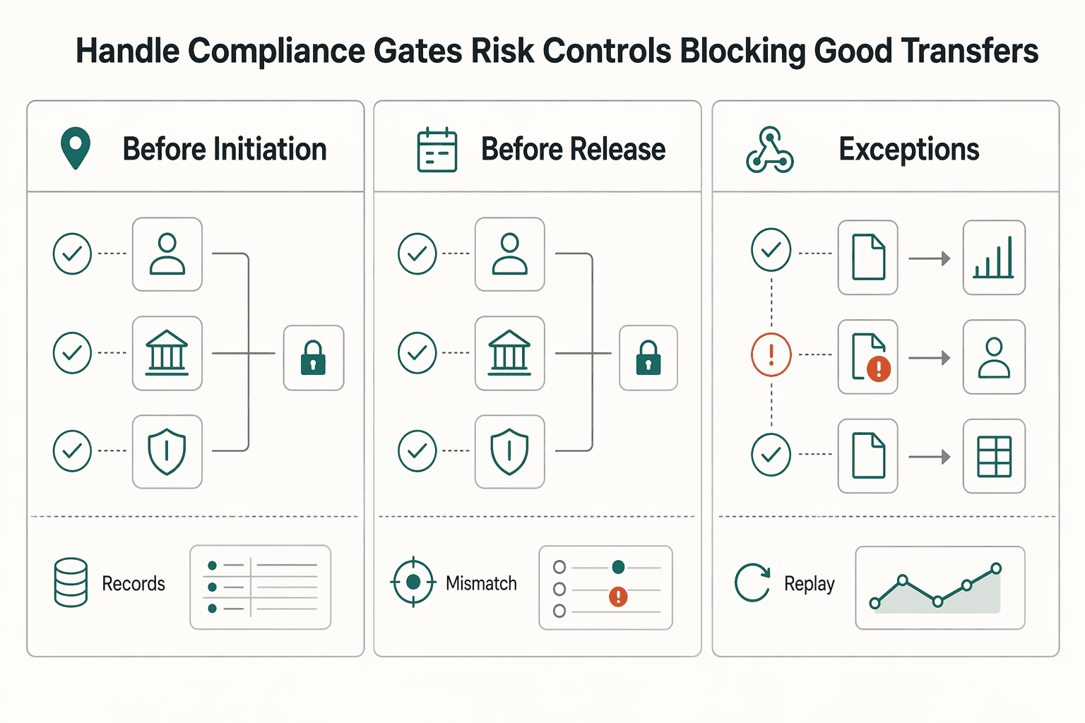 Diagram showing Handle compliance gates and risk controls without blocking good transfers for ACH API Integration to Programmatically Initiate and Track Transfers in Your Platform.