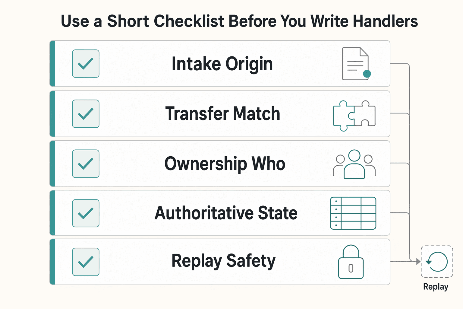 Diagram showing Use a short checklist before you write handlers for Handle ACH Returns and NOCs with One Deterministic Event Pipeline.