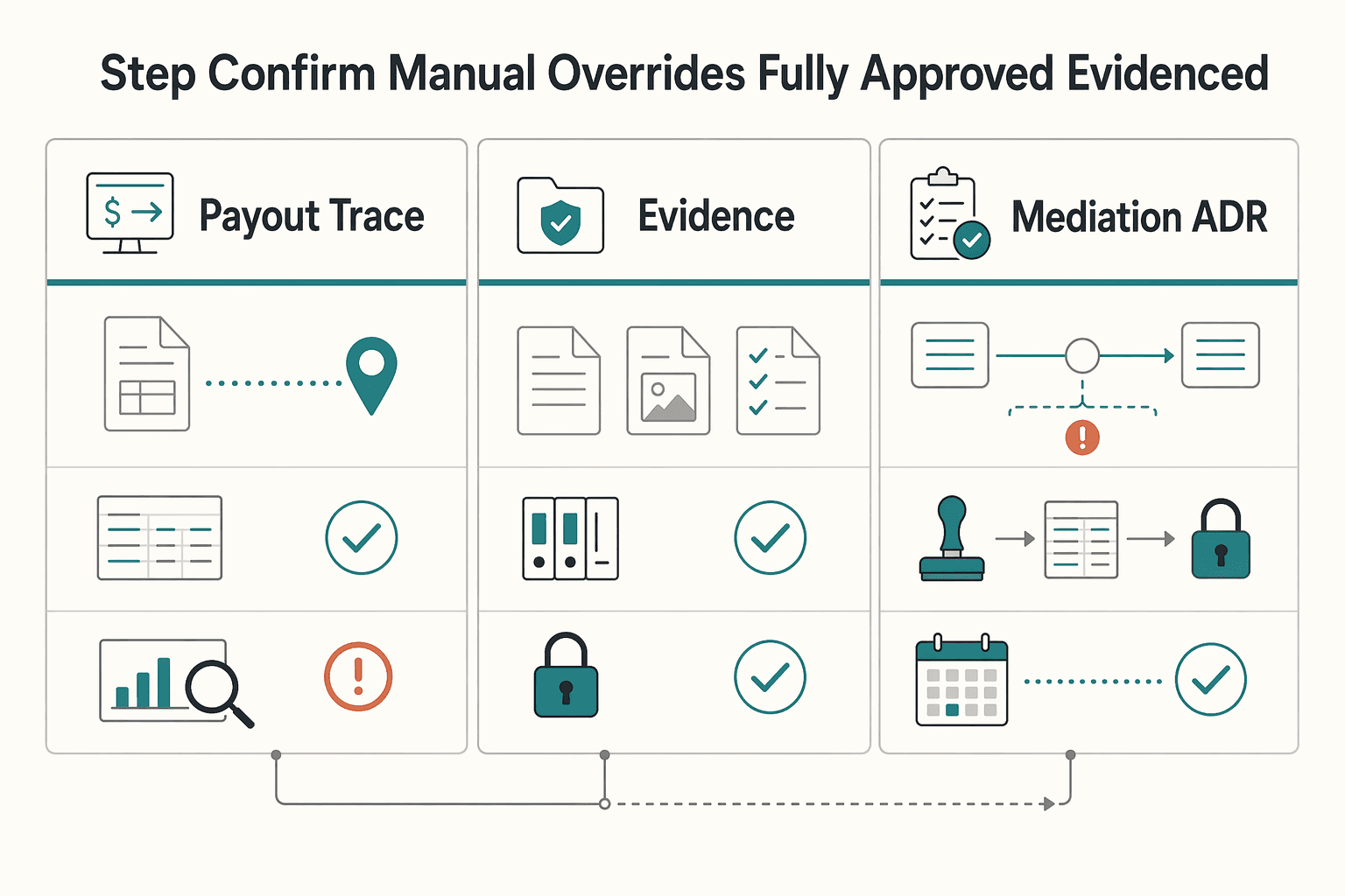Diagram showing Step 5 confirm manual overrides are fully approved and evidenced for Account Reconciliation for Payment Platforms: How to Automate the Match Between Payouts....