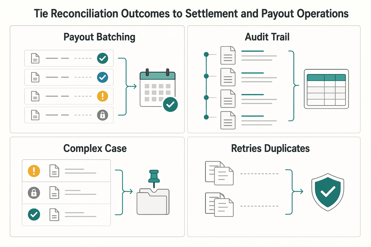Diagram showing Tie reconciliation outcomes to settlement and payout operations for Improving Credit Card Reconciliation for Platforms with Auto-Match Invoice Controls.