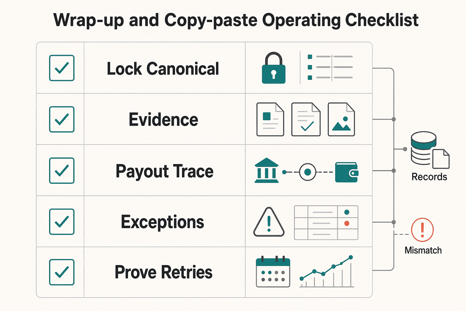 Diagram showing Wrap-up and copy-paste operating checklist for Accounts Receivable Cycle for Marketplaces: How to Track Buyer Payments Through to Seller Disbursement.