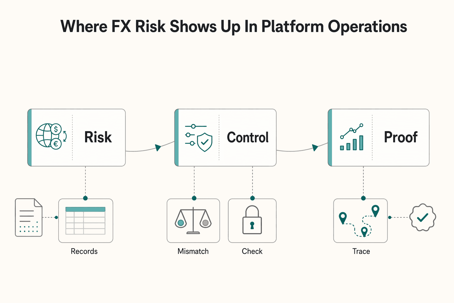 Diagram showing Where FX Risk Shows Up in Platform Operations for Foreign Exchange Risk for Platform Operators and the Decisions That Cut FX Exposure.