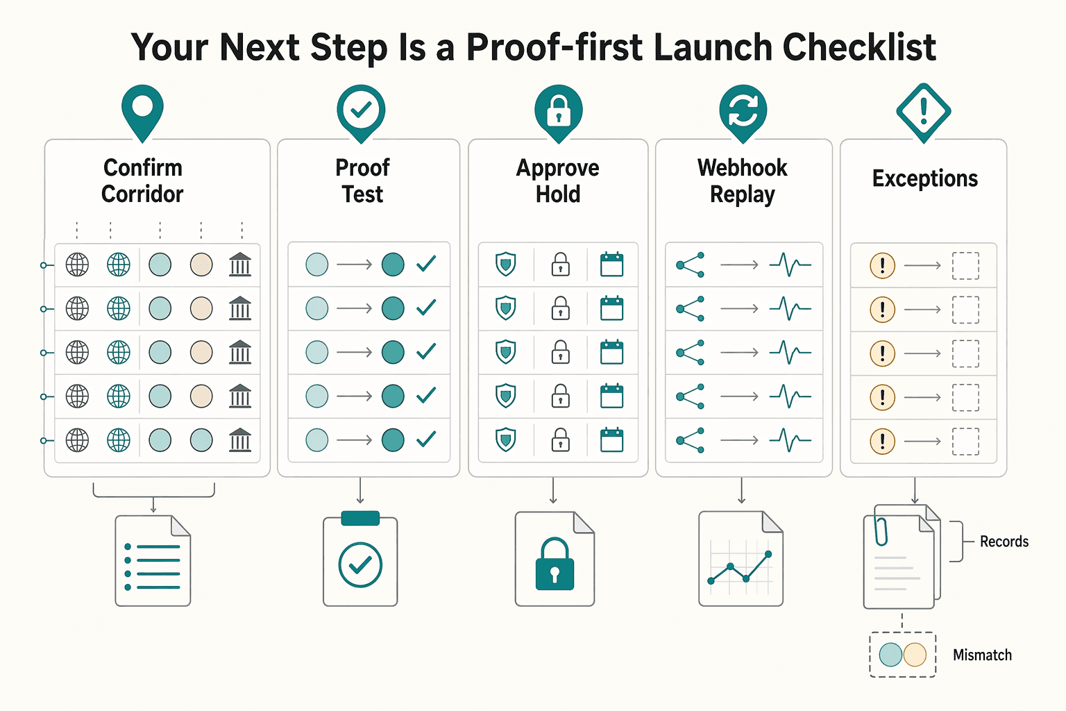 Diagram showing Your next step is a proof-first launch checklist for Multi-Currency Payment Processing for Platforms: How to Accept and Disburse in 50+ Currencies.