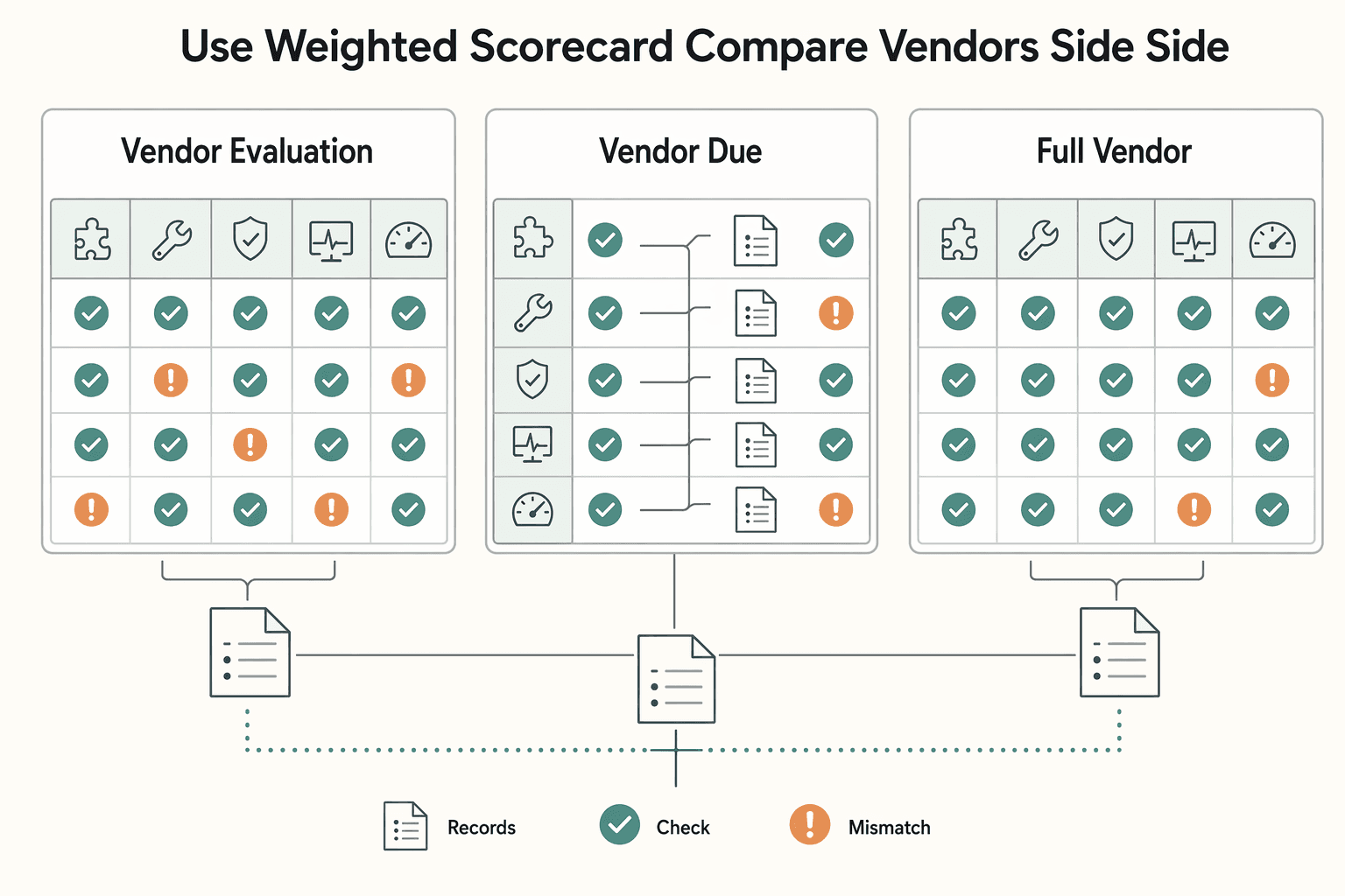 Diagram showing Use a weighted scorecard to compare vendors side by side for How to Find Vendors for Your Platform and Vet Third-Party Providers at Scale.