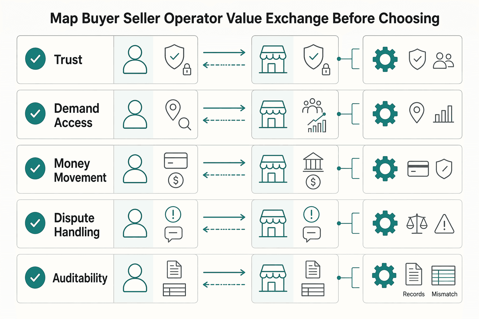 Diagram showing Map buyer seller operator value exchange before choosing a model for Marketplace Economy 101 for Buyers, Sellers, and Operators.