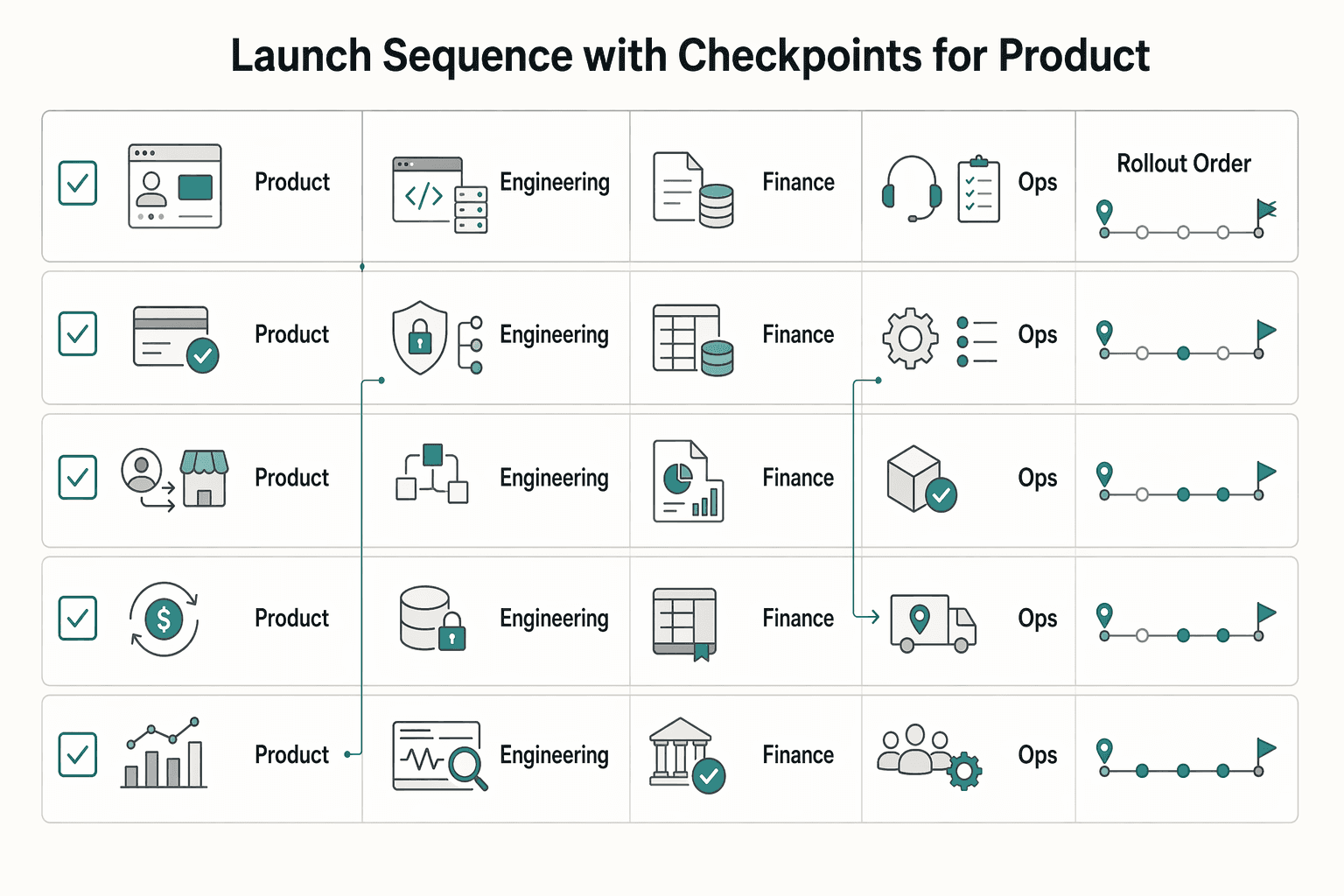 Diagram illustrating Launch sequence with checkpoints for product, engineering, finance, and ops.