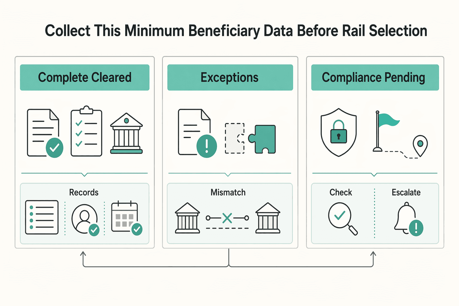 Diagram showing Collect this minimum beneficiary data before rail selection for When Platforms Should Use Wires vs Local Rails for Cross-Border Payouts.