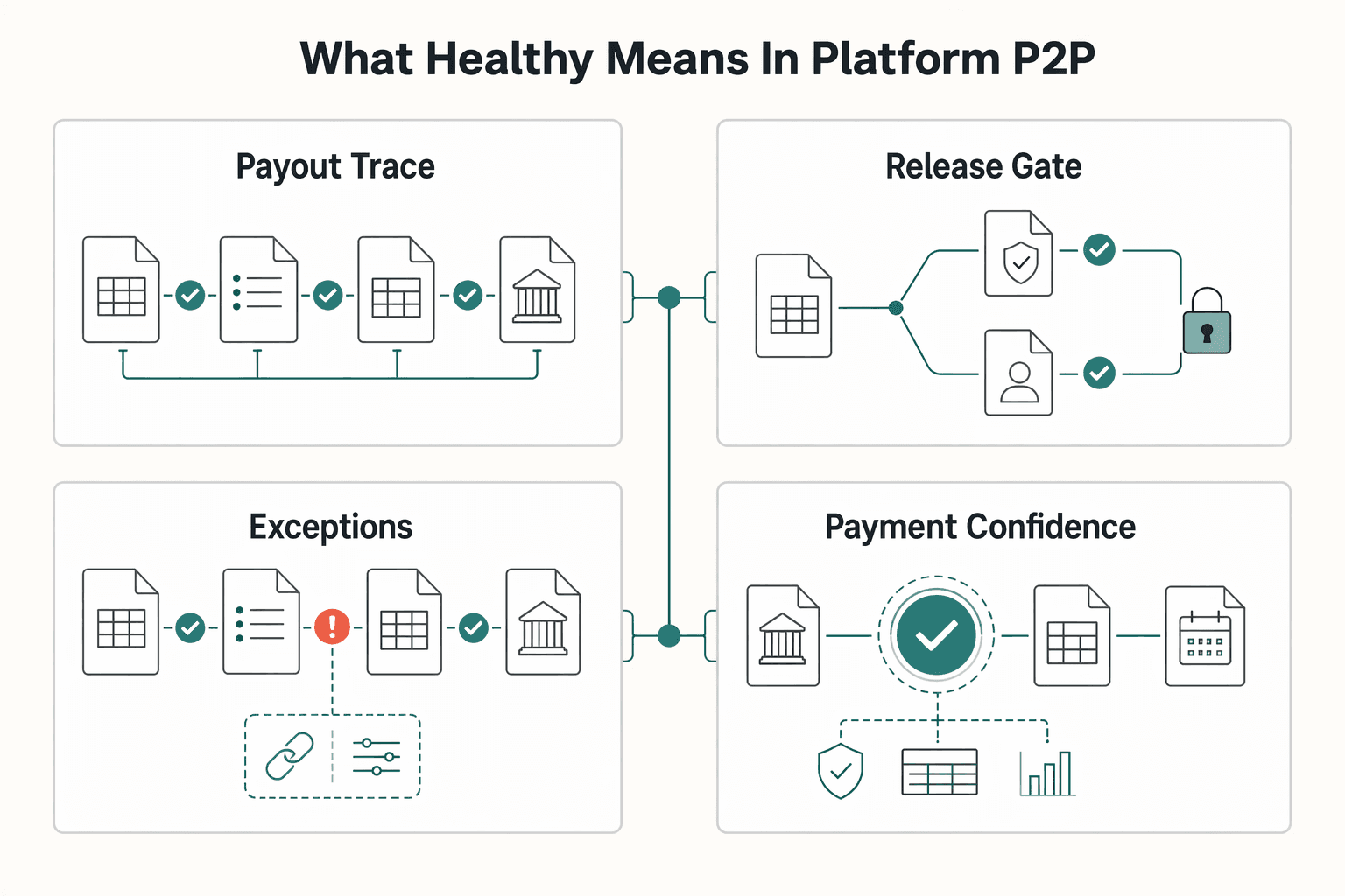 Diagram showing What healthy means in platform P2P for How to Set Up a Healthy PO System for a Platform: From Requisition to Payment in 5 Steps.