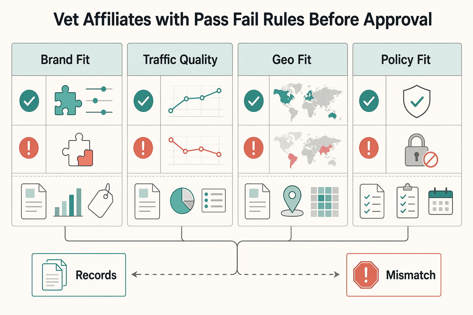 Diagram showing Vet affiliates with pass fail rules before approval for Find Affiliate Marketers at Scale Without Losing Vetting Control.