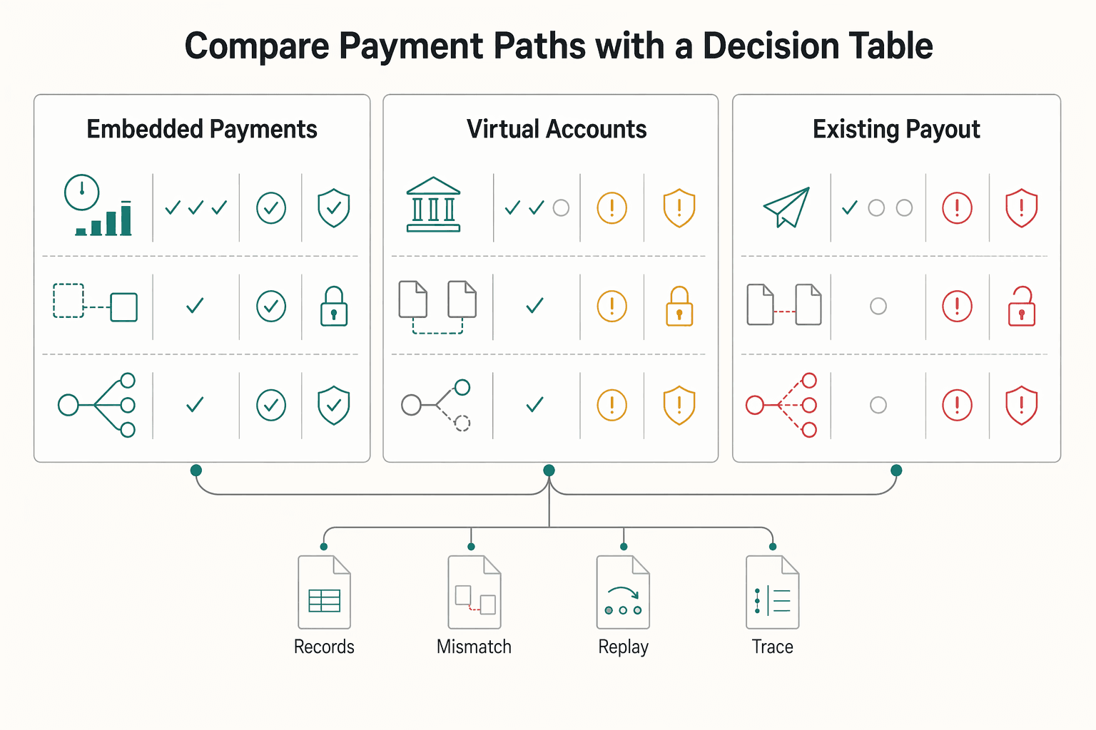 Diagram showing Compare payment paths with a decision table for The Silent Killers in Platform Finance Operations: How to Spot and Fix Hidden AP Inefficiencies.