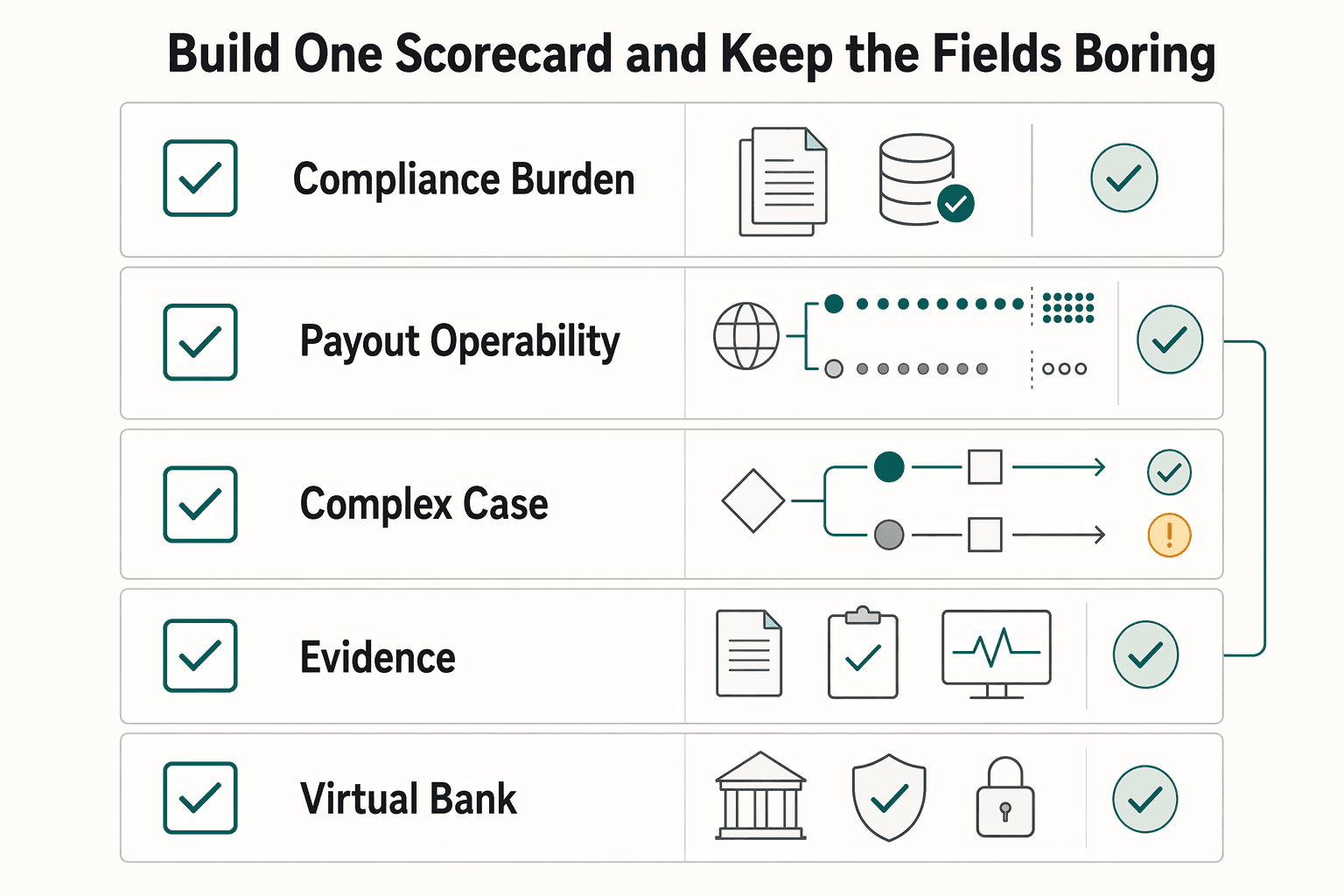 Diagram showing Build one scorecard and keep the fields boring for Why CFOs Modernize Financial Operations in Payment Platforms.