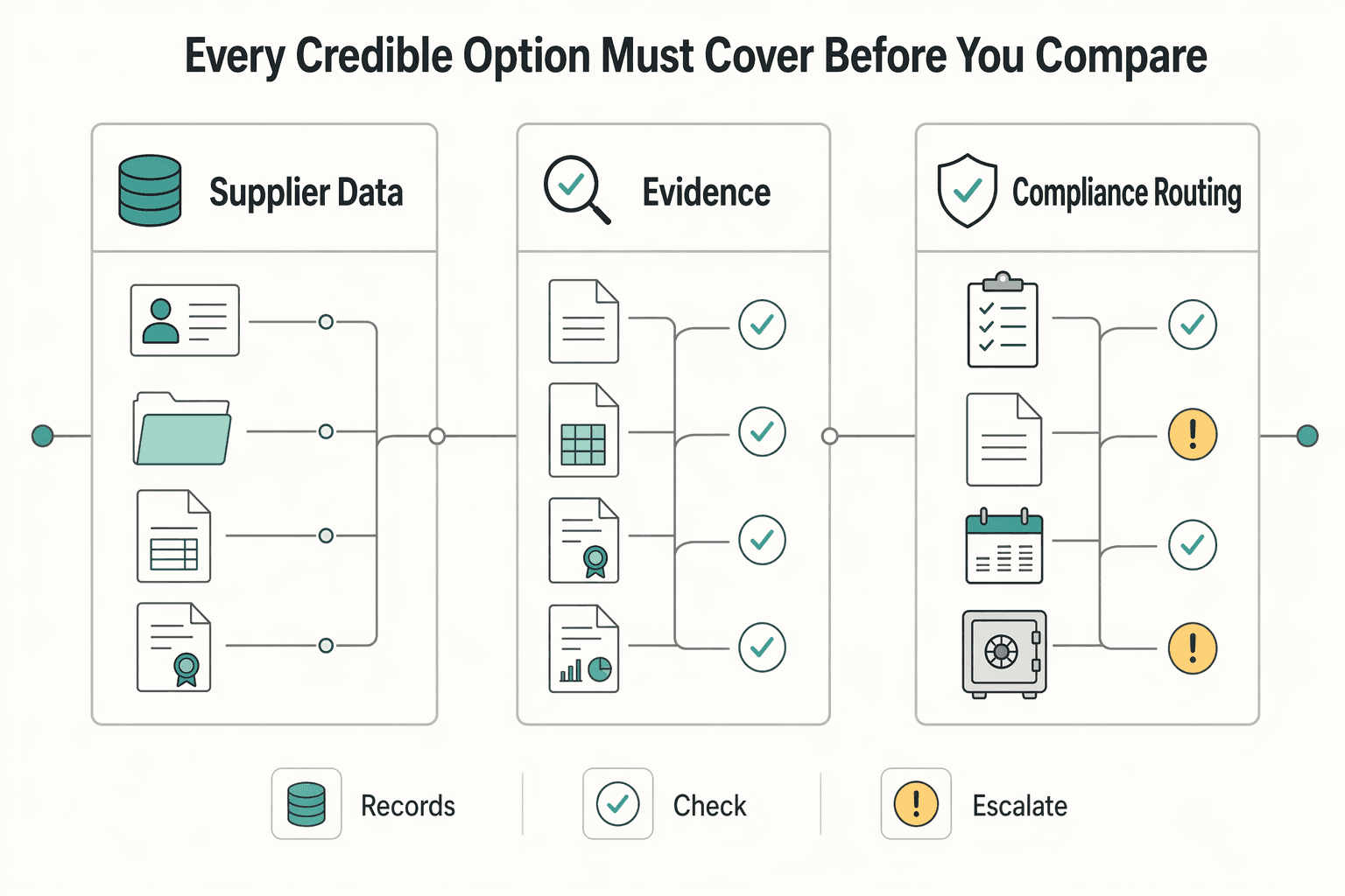 Diagram showing What every credible option must cover before you compare winners for What Is Sourcing? How Platforms Find and Onboard the Best Contractors and Vendors.