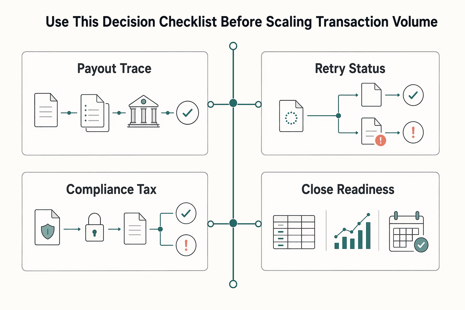 Diagram showing Use this decision checklist before scaling transaction volume for Accounts Payable vs. Accounts Receivable for Platforms and the Two-Sided Ledger.