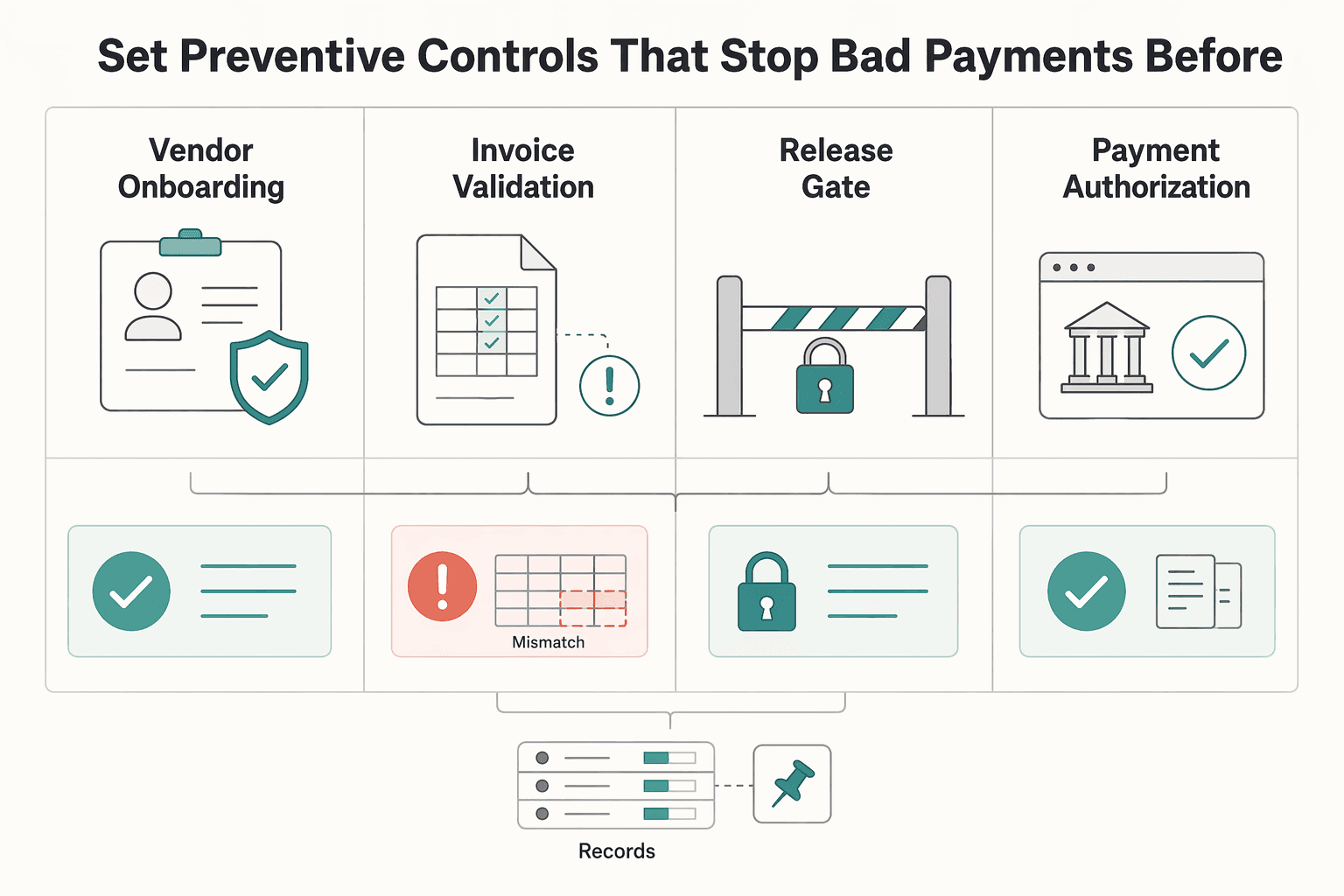 Diagram showing Set preventive controls that stop bad payments before release for Internal Controls for AP Platforms to Prevent Fraudulent Disbursements.