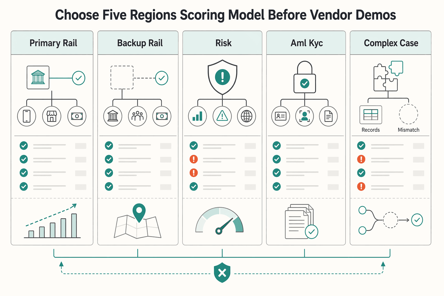 Diagram showing Choose your five regions with a scoring model before vendor demos for How Platforms Should Prioritize 5 Emerging-Market Payout Regions.